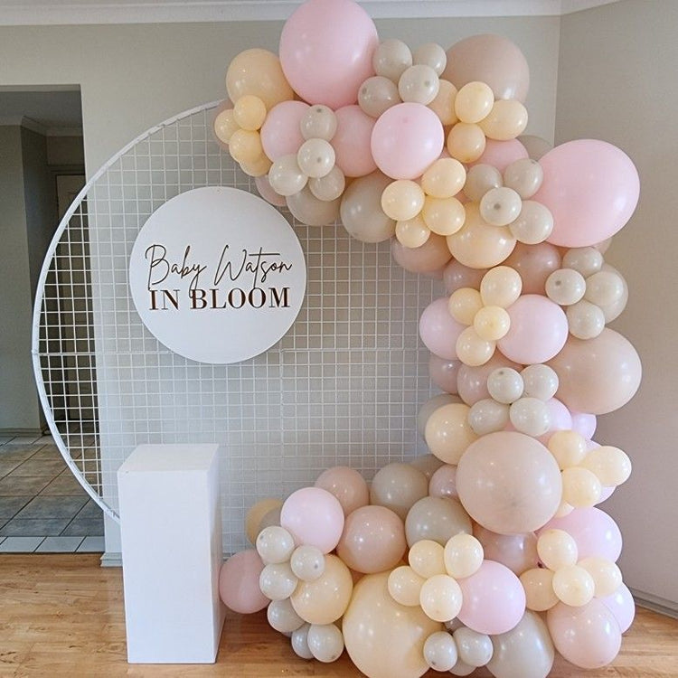 White Mesh Circle Backdrop + Custom Sign