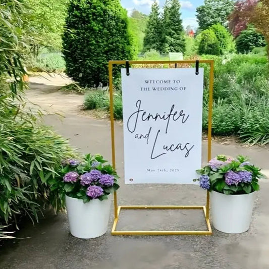 Gold Hanging Stand + Acrylic Sign + Custom Decal